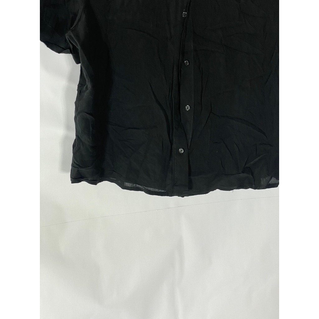 PULL & BEAR Women's Black Relaxed-Fit Button-Up Short Sleeve Cropped Top SZ L