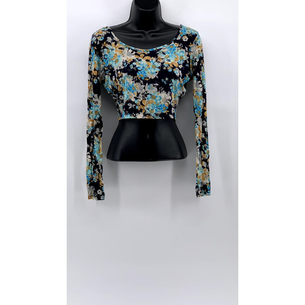 CHARLOTTE RUSSE Women's Blue Floral Scoop-Neck Long Sleeve Tie-Open Back SZ M