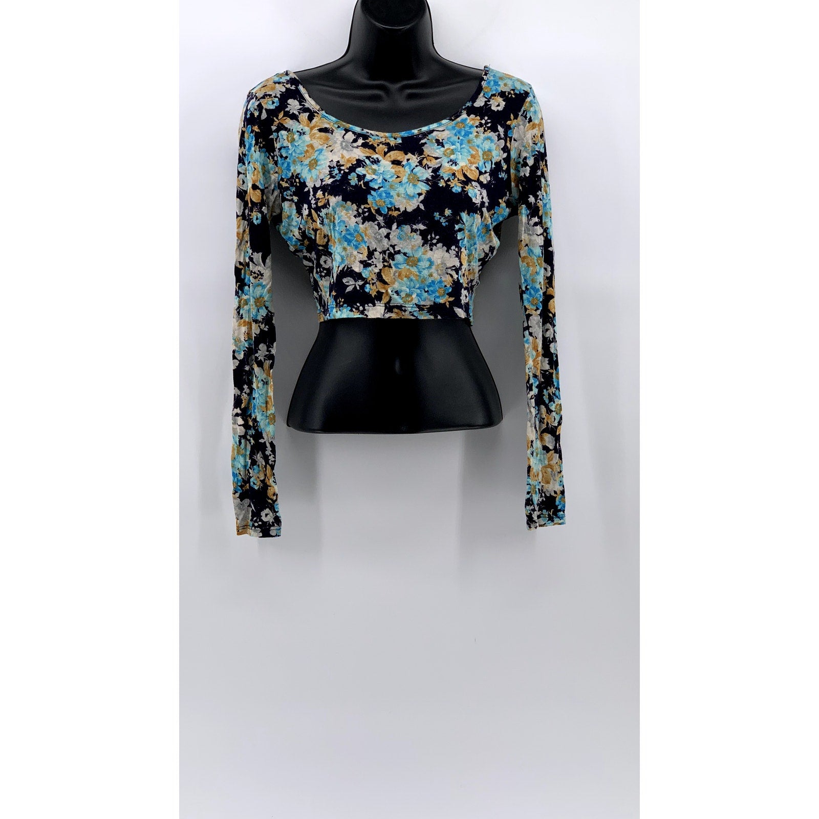 CHARLOTTE RUSSE Women's Blue Floral Scoop-Neck Long Sleeve Tie-Open Back SZ M