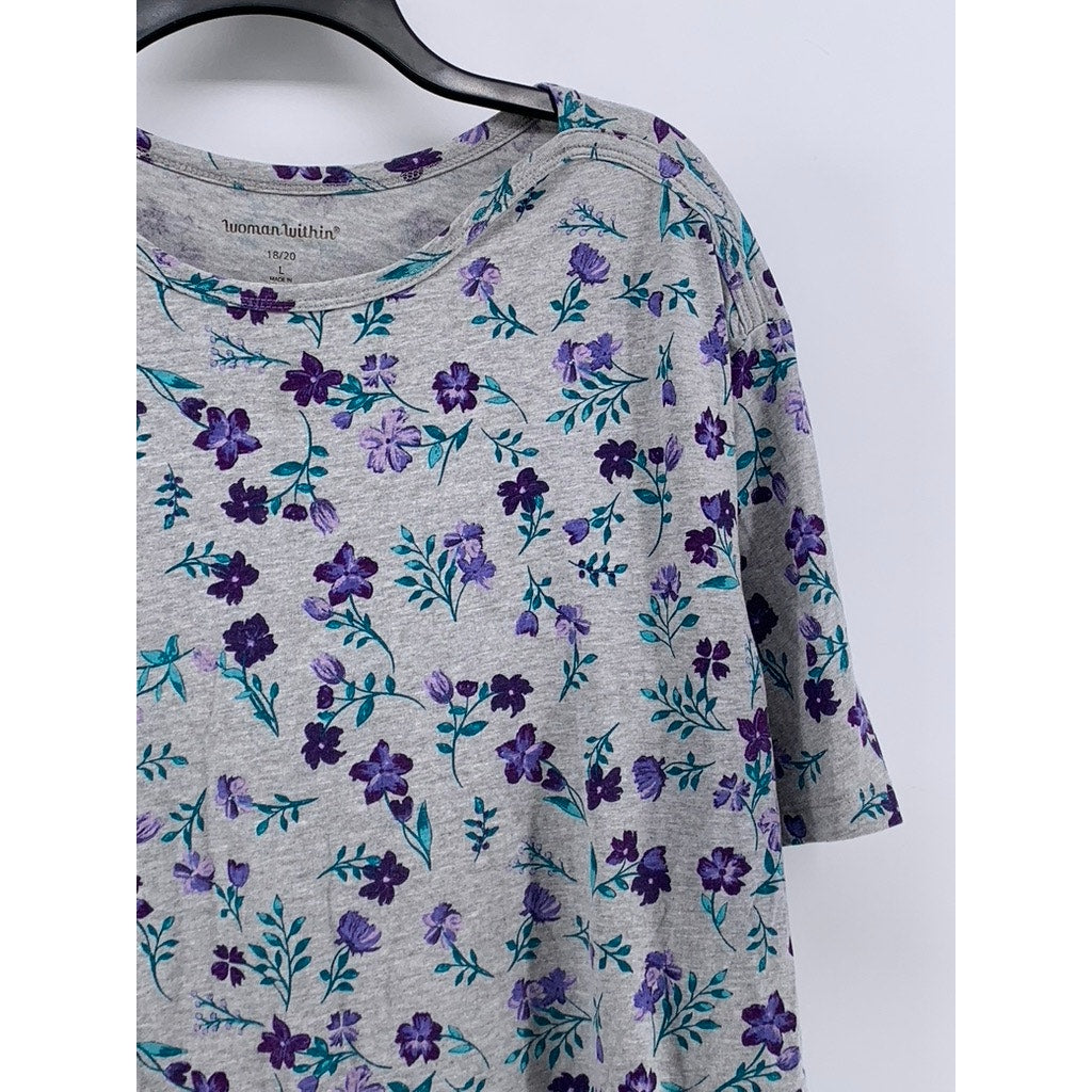 WOMAN WITHIN Women's Plus Gray Floral Short Sleeve Top SZ 18/20