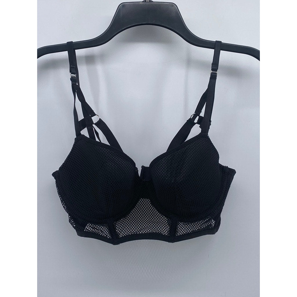HUNKEMOLLER Women's Black Mesh Strappy Padded Underwire Bra SZ 32D