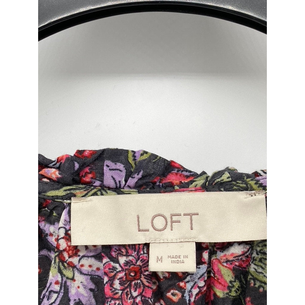 LOFT Women's Black Floral Print Ruffle-Hem Tie-Neck Long Sleeve Top SZ M