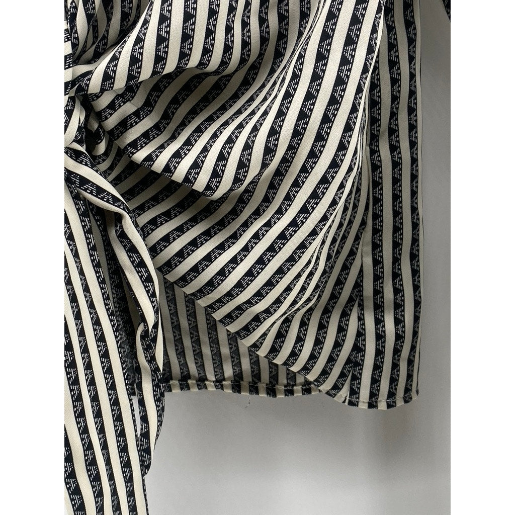RIHOAS Women's Black-White Striped Printed Tie-Front Ruffle Long Sleeve Top SZ S
