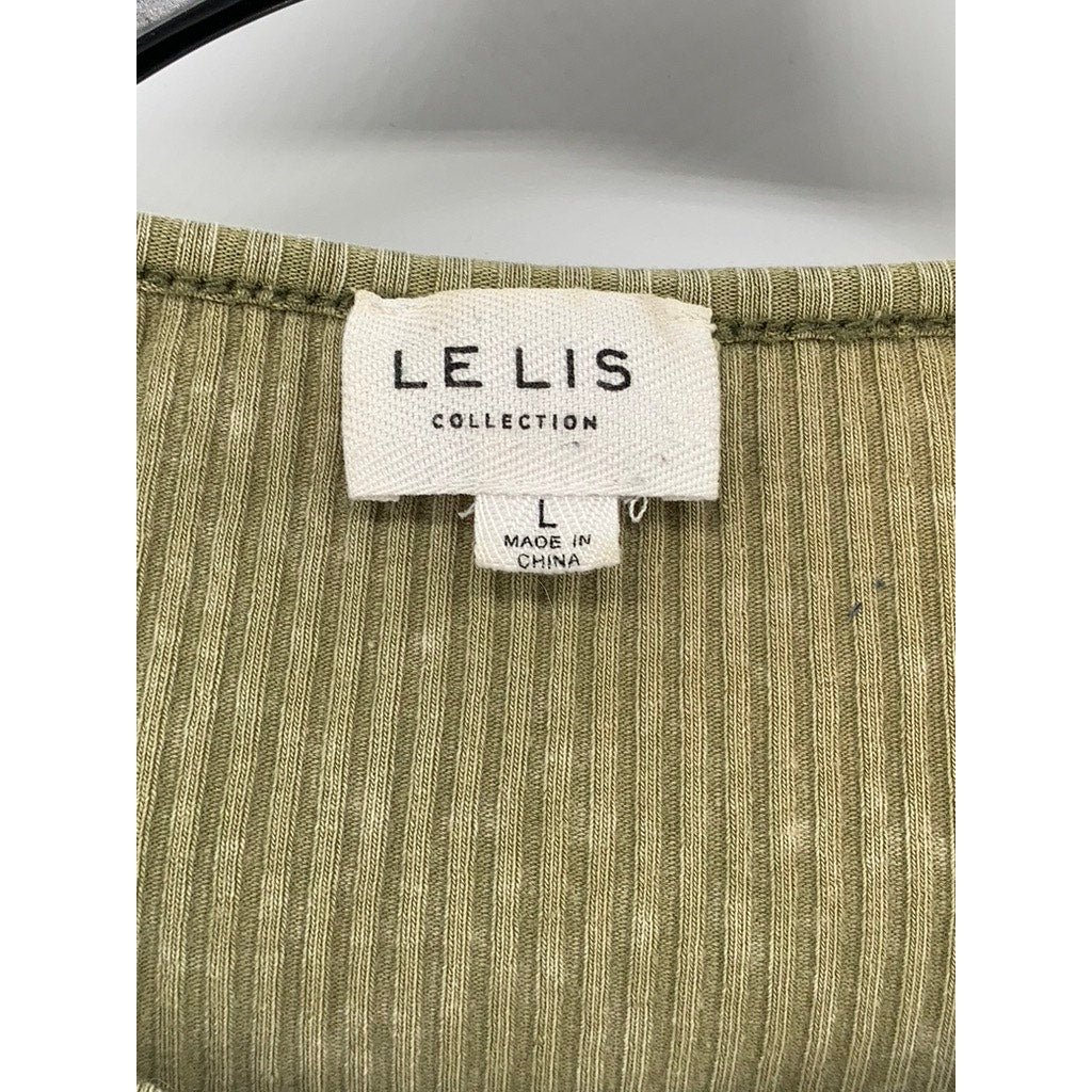 LE LIS Women's Green Ribbed Button-Front Long Sleeve Thong Bodysuit SZ L