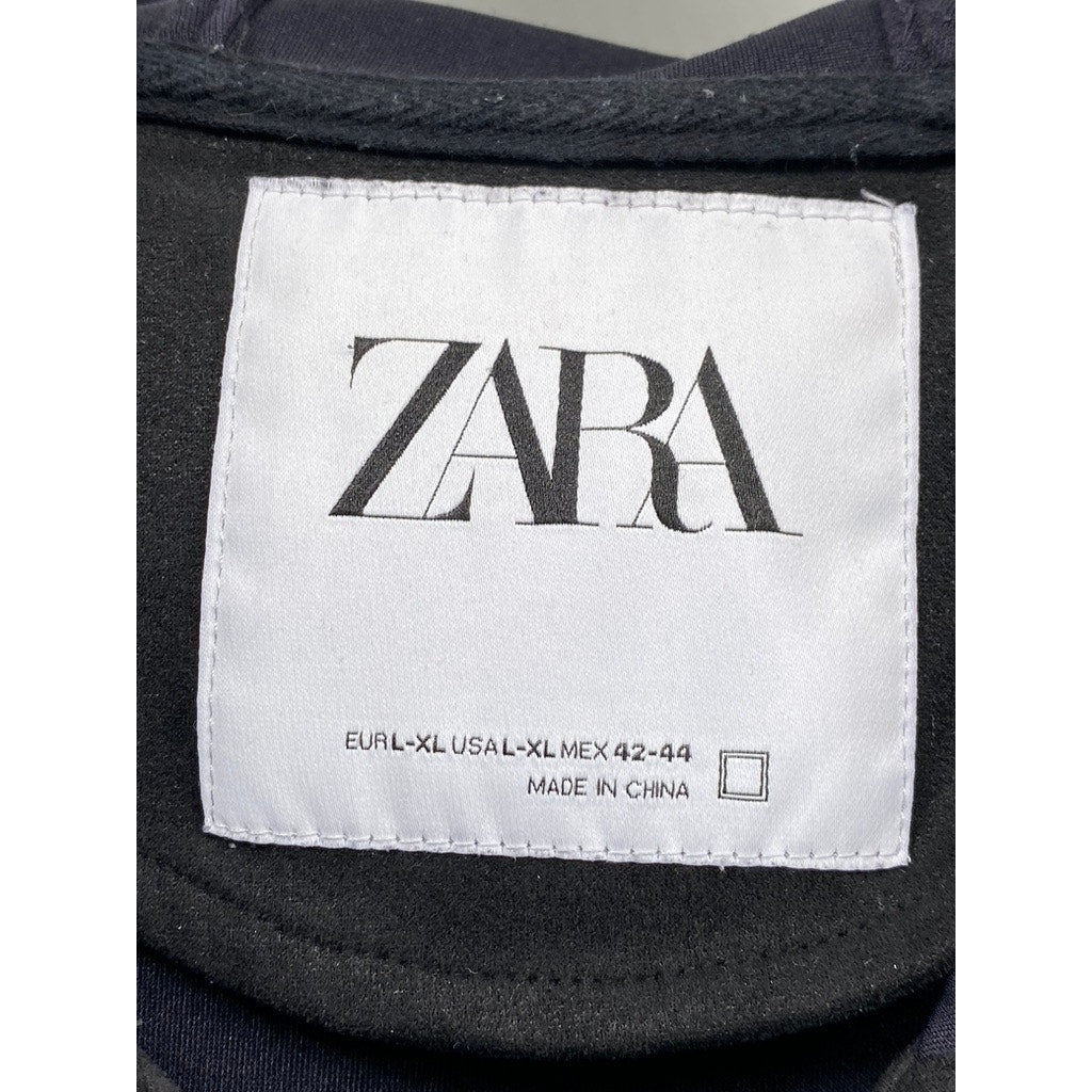 ZARA Men's Black Faux-Suede Pullover Half-Zip Long Sleeve Hooded Sweater SZ L-XL