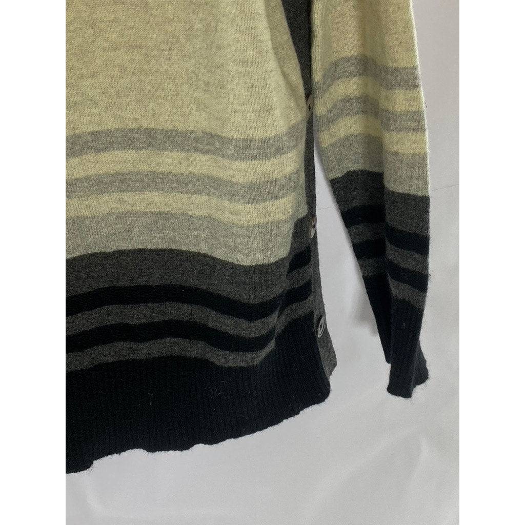 KOKUN Women's Tan/Black Cashmere Striped Colorblock  Side-Button Sweater SZ M