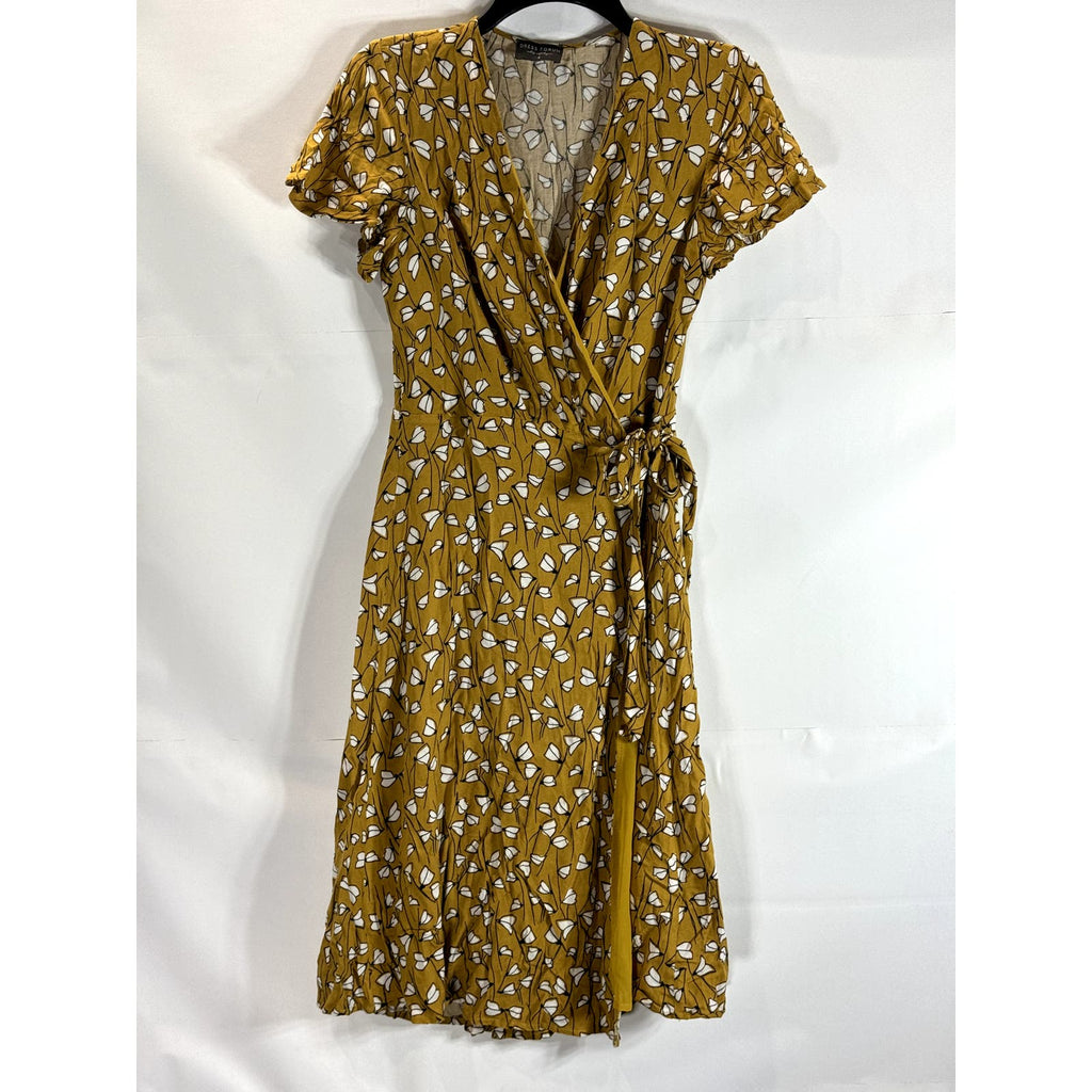DRESS FORUM Los Angeles Women's Yellow Print V-Neck Short Sleeve Wrap Dress SZ S