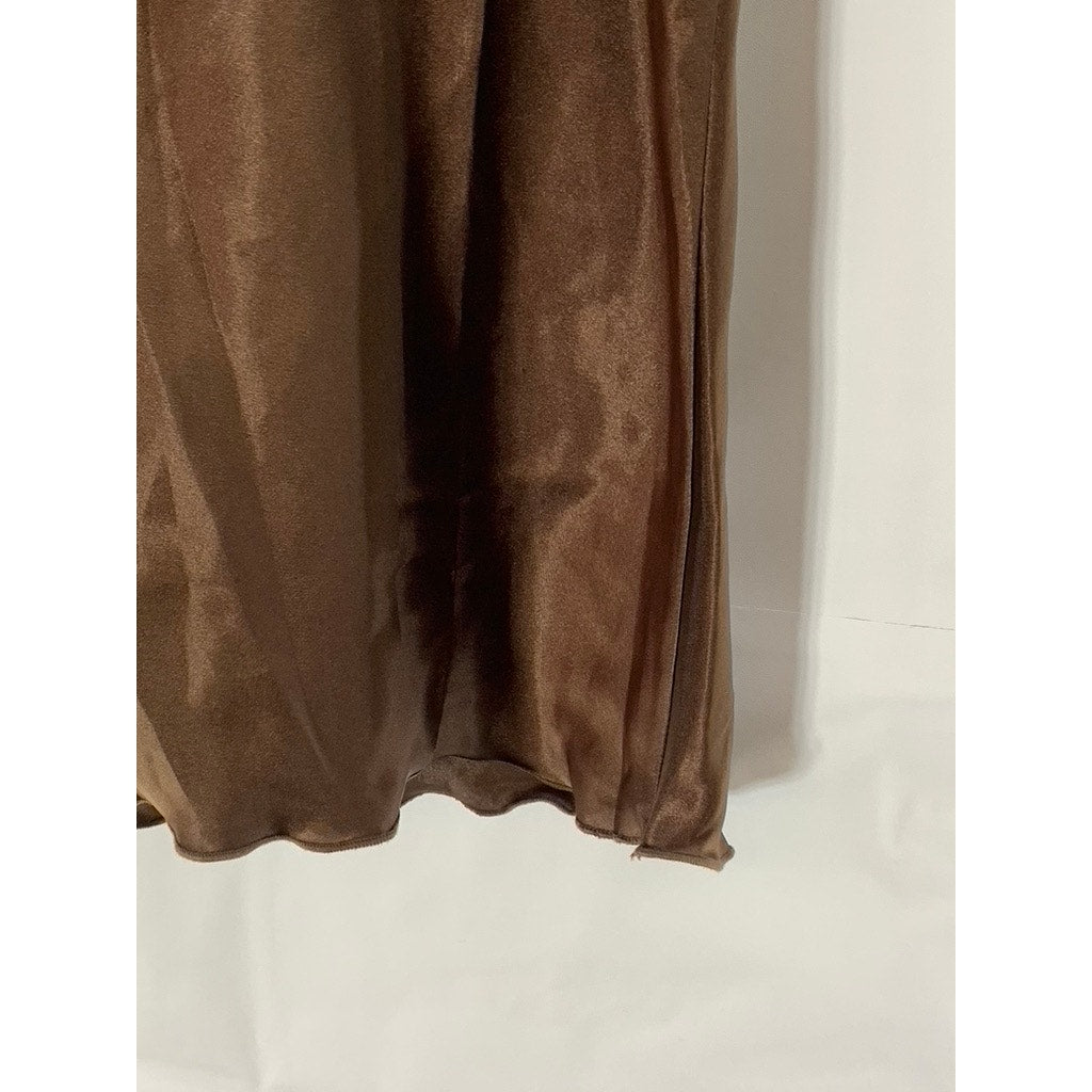 NICOLE MILLER New York Women's Brown Satin Hardware Sleeve Cowl Neck Top SZ S