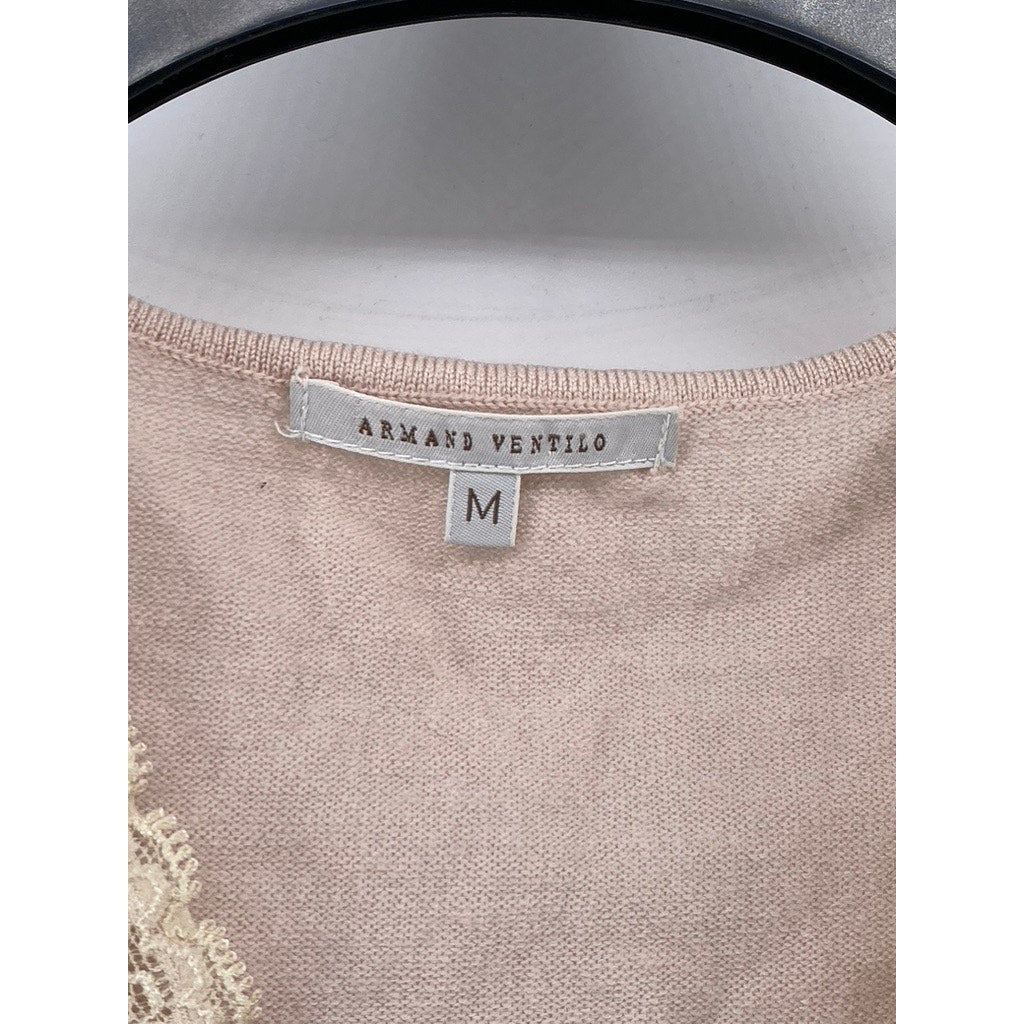 ARMAND VENTILO Women's Light Pink-Beige Wool-Blend V-Neck Lace-Trim Sweater SZ M