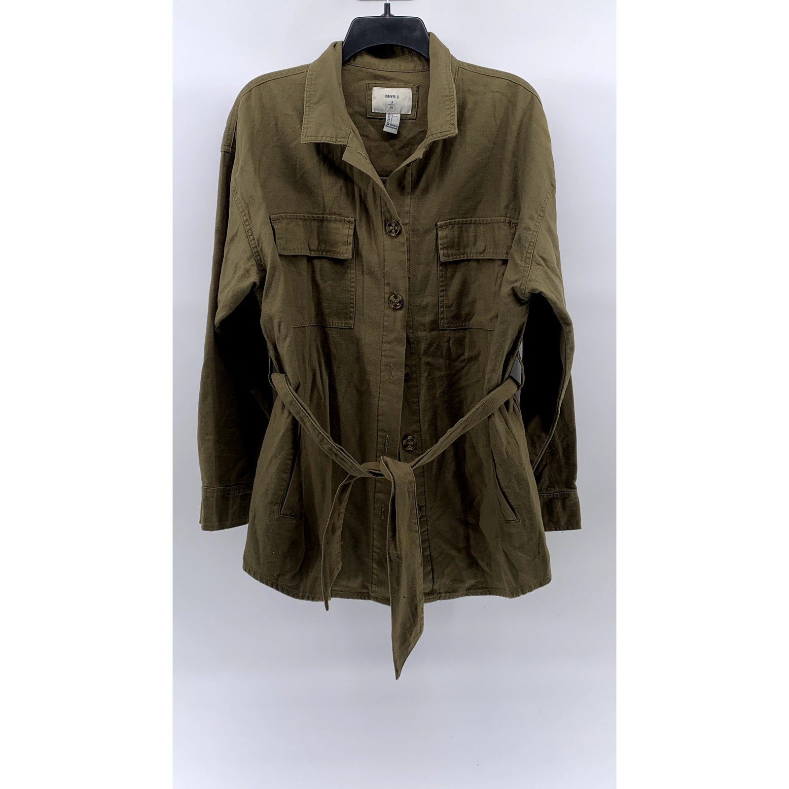 FOREVER 21 Women's Army Green Button-Up Belted Trench Coat SZ L