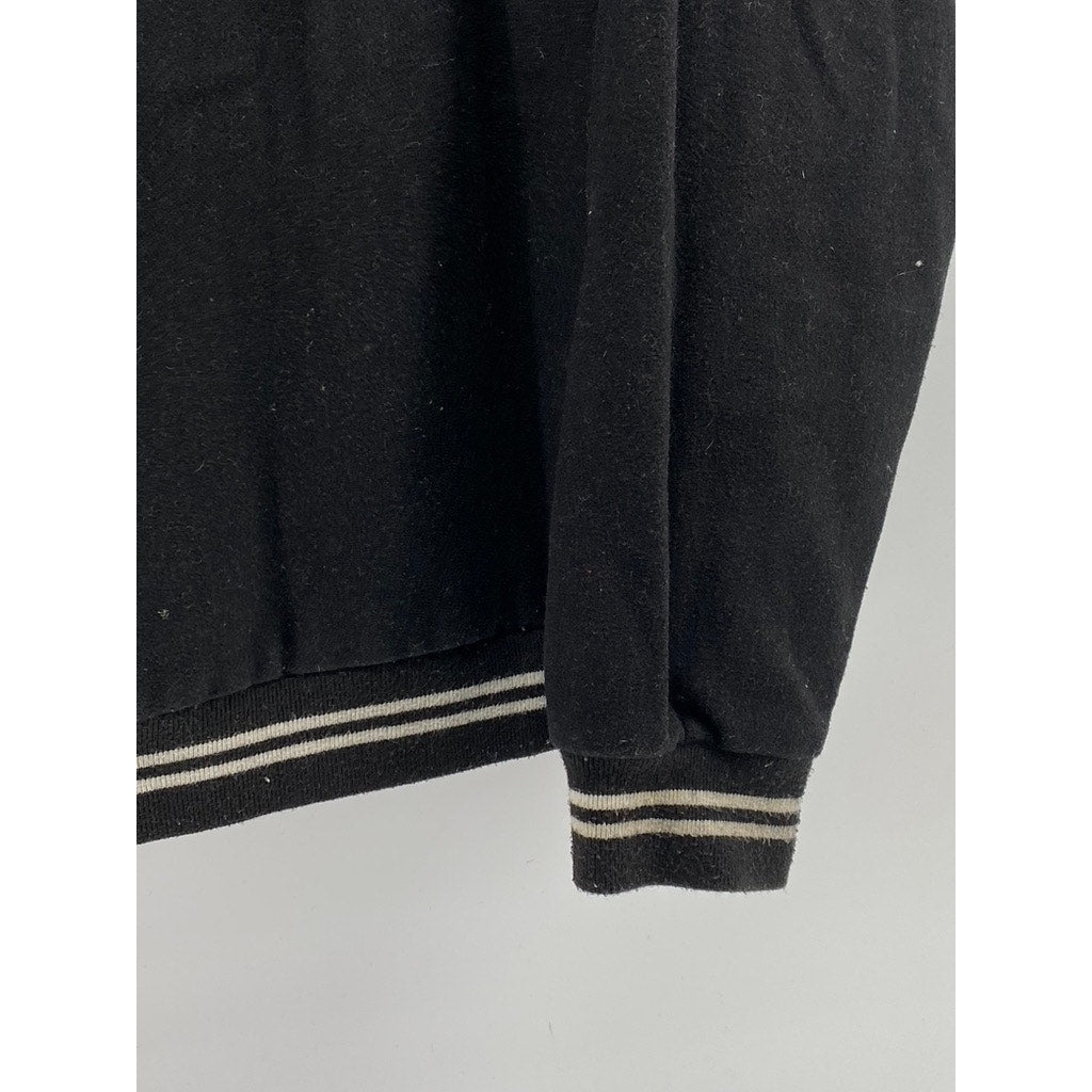 DURKL Men's Vintage Black-White Button-Up Striped-Trim Varsity Jacket SZ M