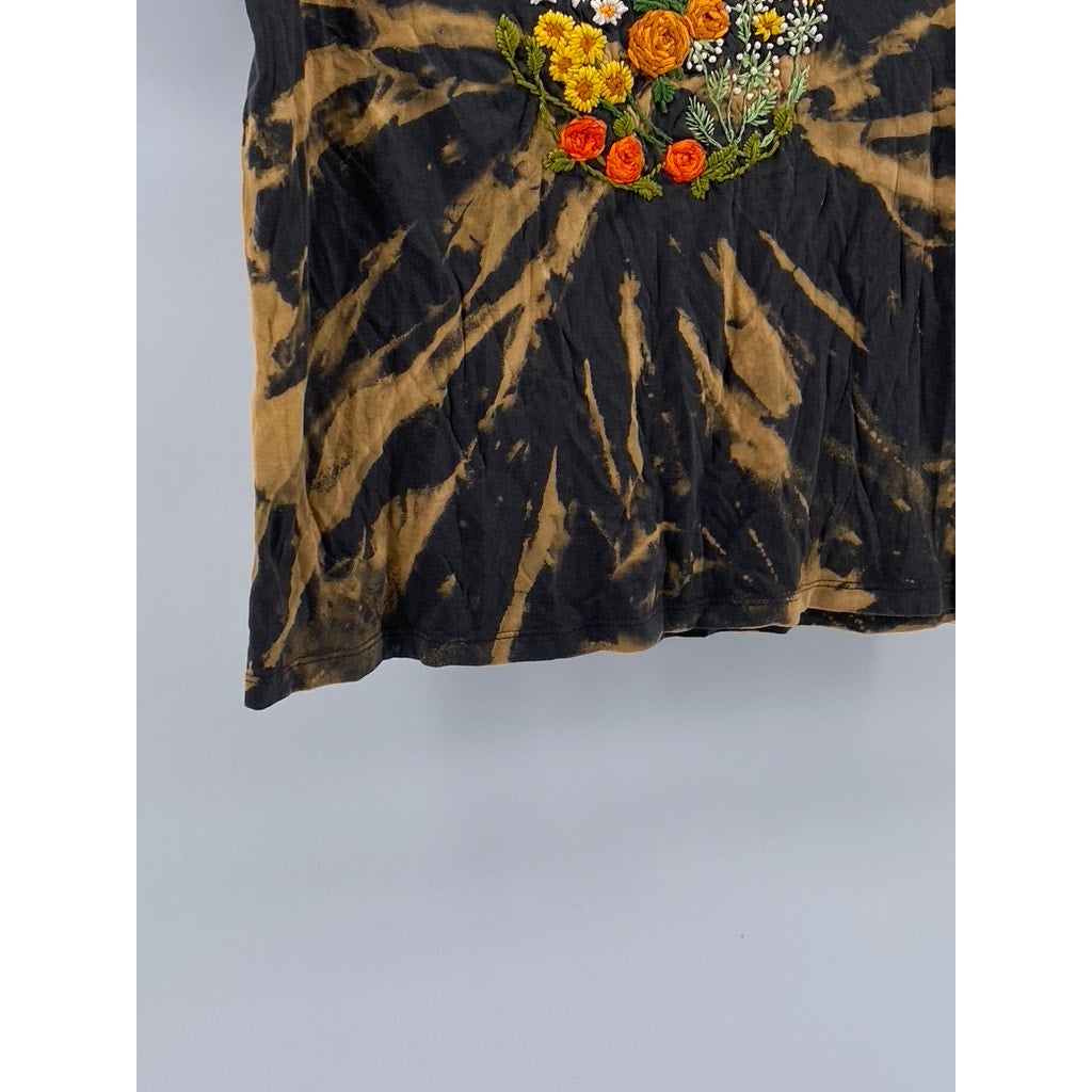 DOUBLE ZERO Women’s Black-Orange Tie-Dye Cluster Embroidered Floral Top SZ S