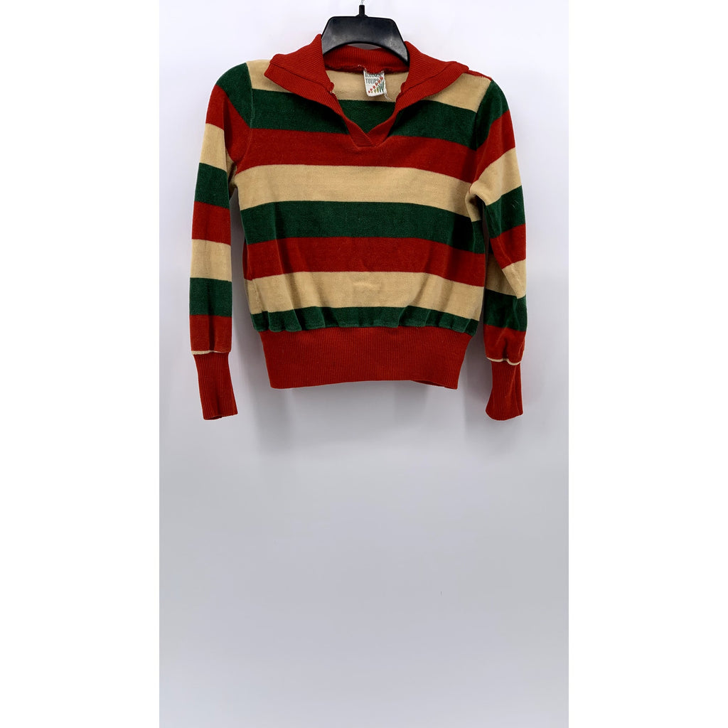 BLOOMIN TULIPS Women's Vintage Green-Yellow-Red Striped Long Sleeve Polo Top SZS
