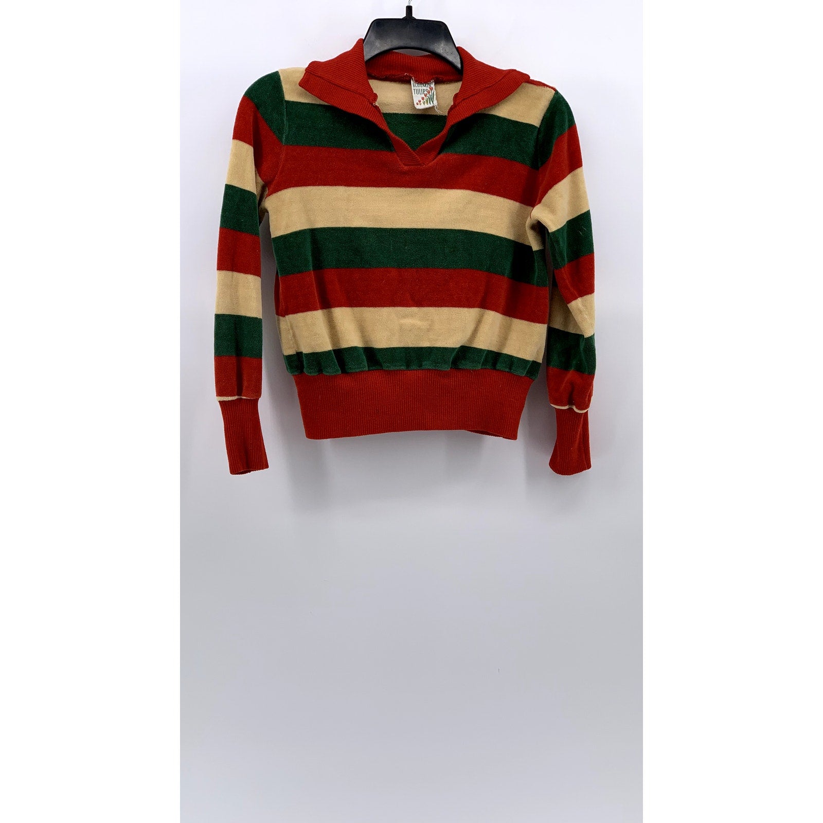 BLOOMIN TULIPS Women's Vintage Green-Yellow-Red Striped Long Sleeve Polo Top SZS