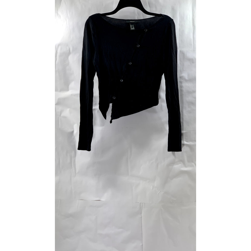 FOREVER 21 Women's Black Asymmetrical Cutout Button Long Sleeve Crop Top SZ M