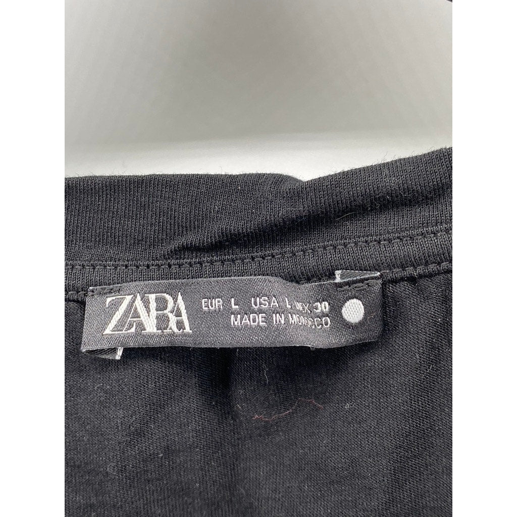 ZARA Women's Black Crewneck Pleated Sheer Hem Short Sleeve Top SZ L