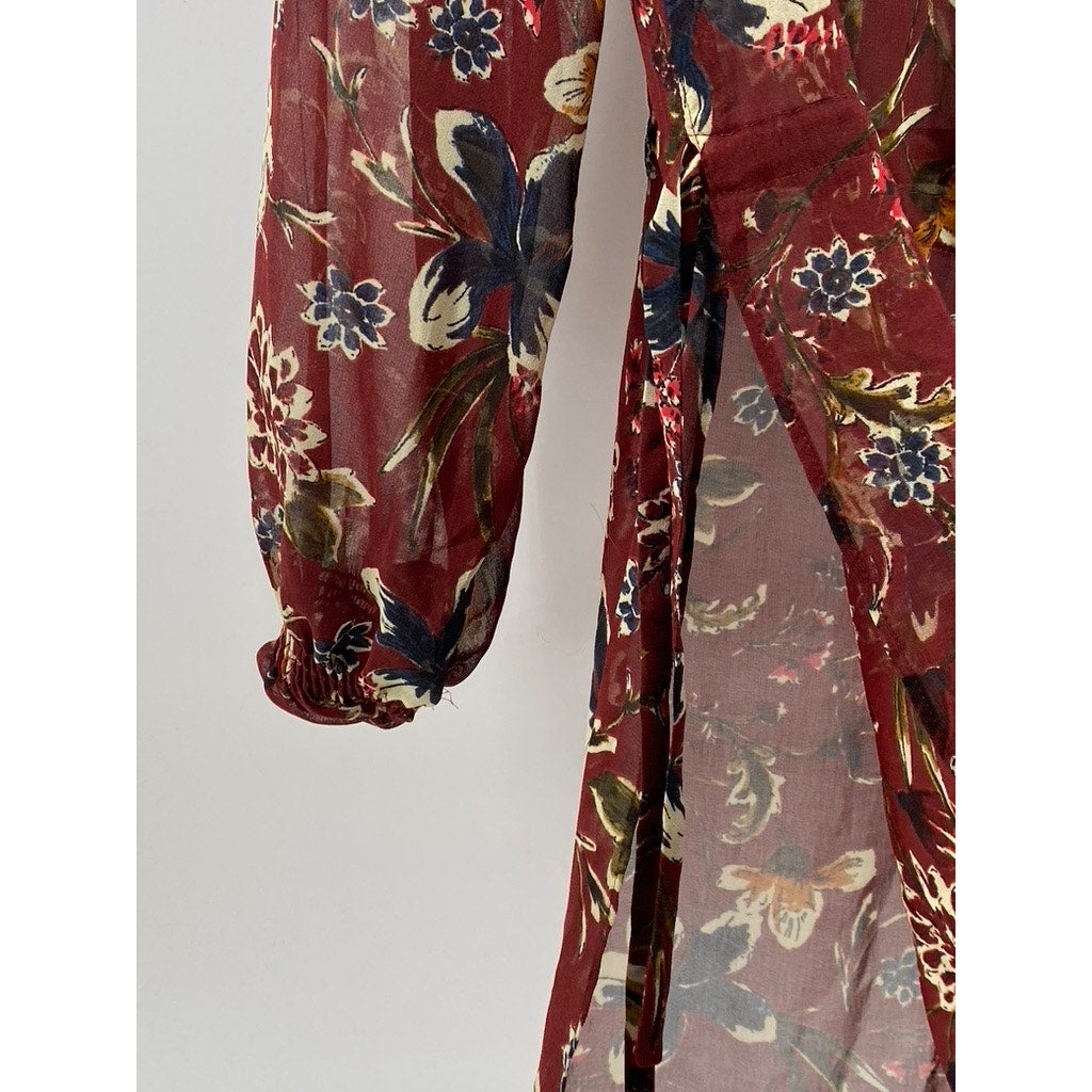 ZARA BASIC Women's Burgundy Floral Long Sleeve Button-Up Side-Slit Duster SZ XS