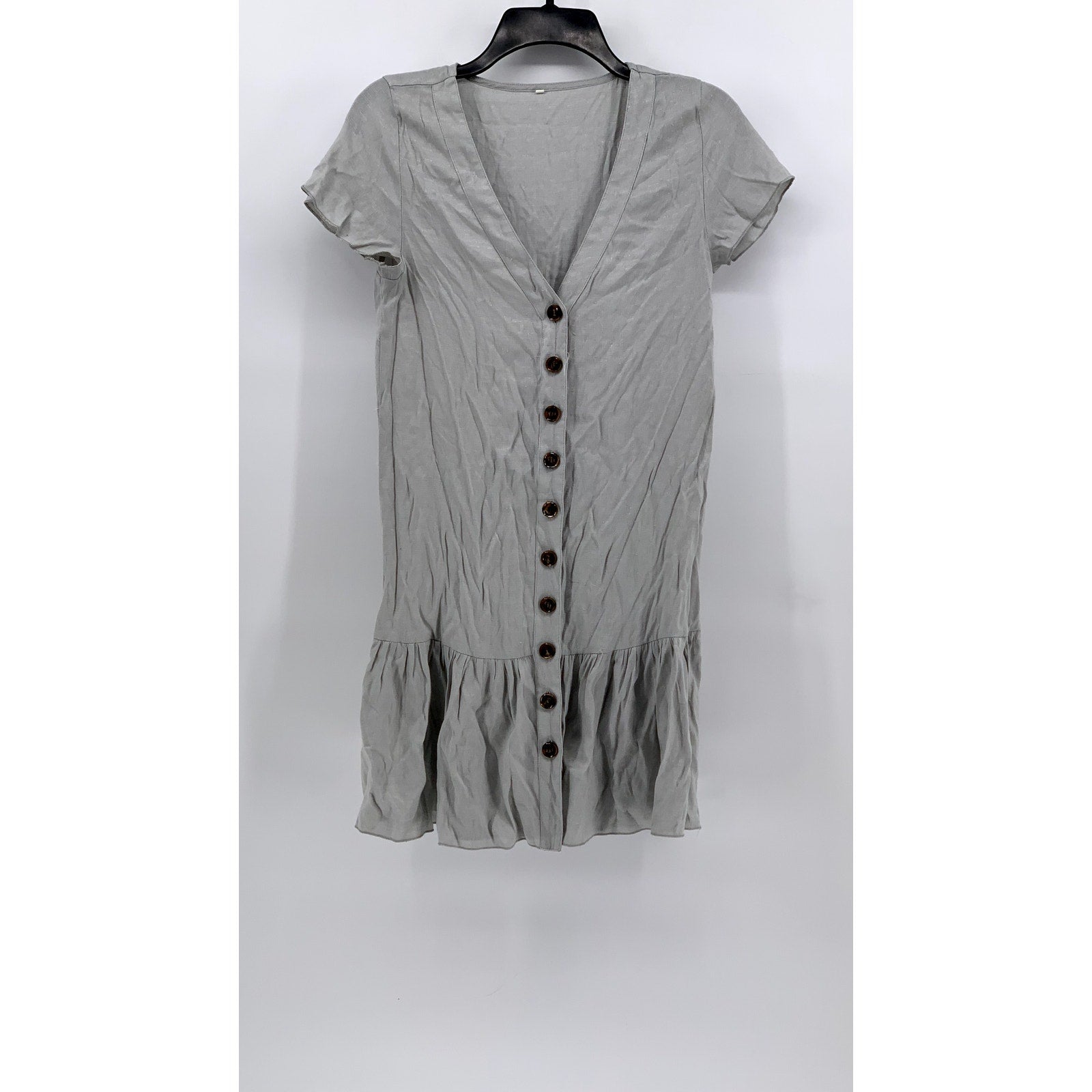 UNBRANDED Women's Gray V-Neck Button-Front Ruffle Hem Dress SZ M