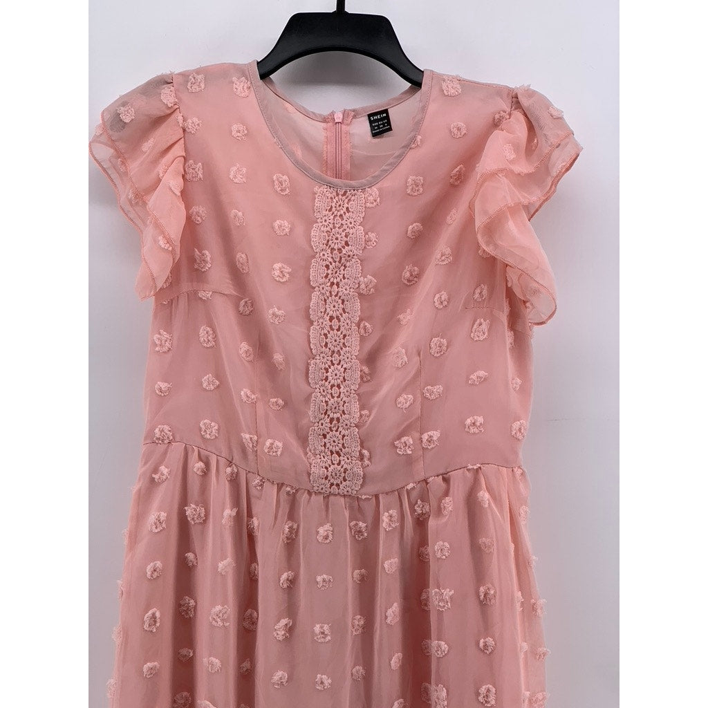 SHEIN Women's Light Pink Embroidered Short Sleeve Chiffon Midi Dress SZ 6
