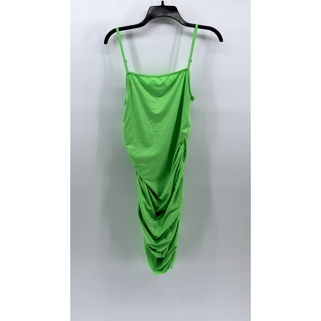 UNBRANDED Women's Lime Green Straight-Neck Ruched Bodycon Mini Dress SZ L