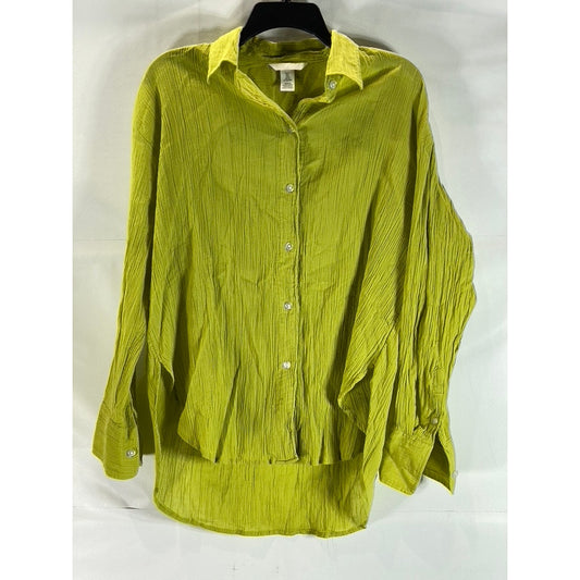 H&M Women's Yellow-Green Oversized Crinkle Long Sleeve Button-Up Top SZ S