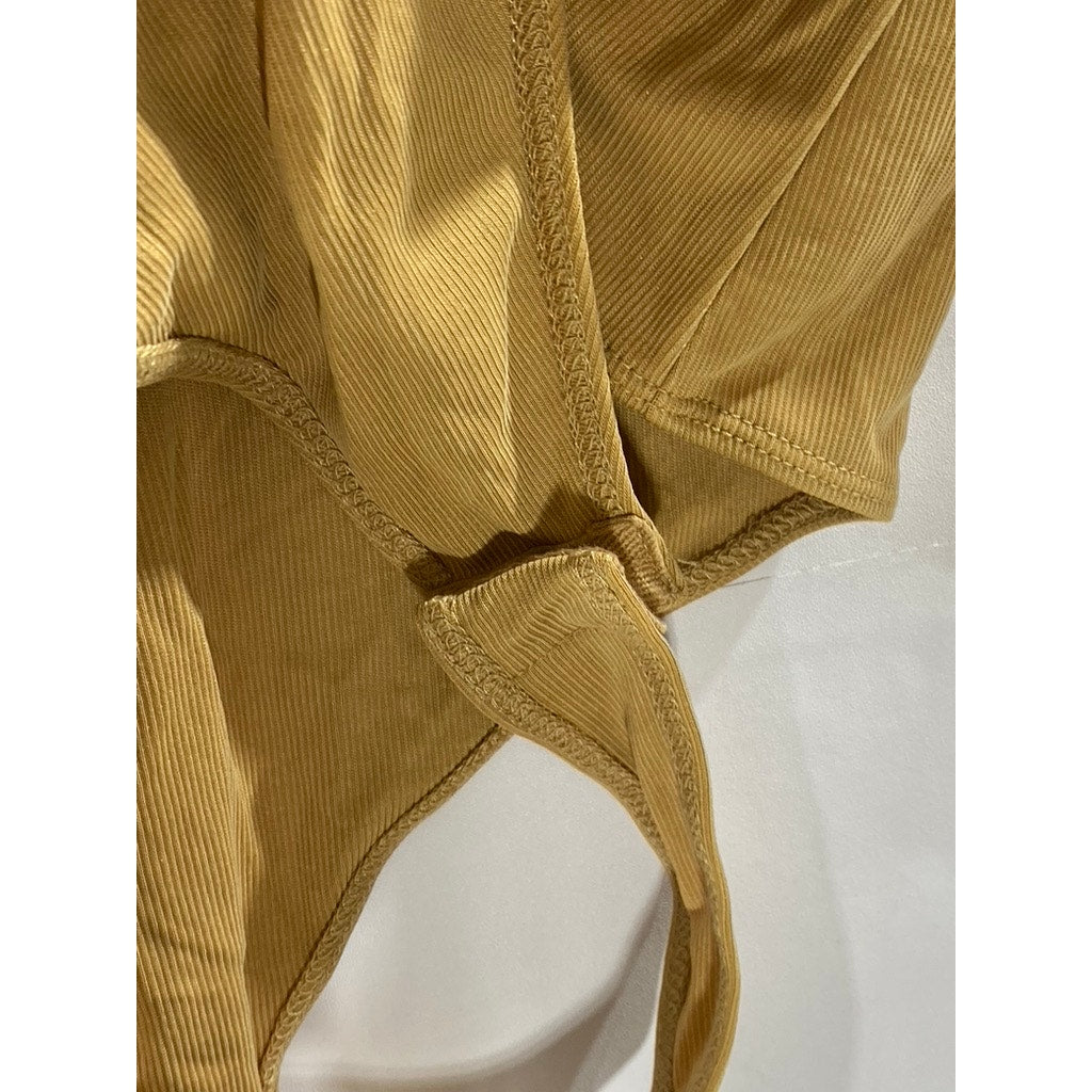 ELODIE Women's Tan Ribbed Crewneck Long Sleeve Thong Bodysuit SZ L