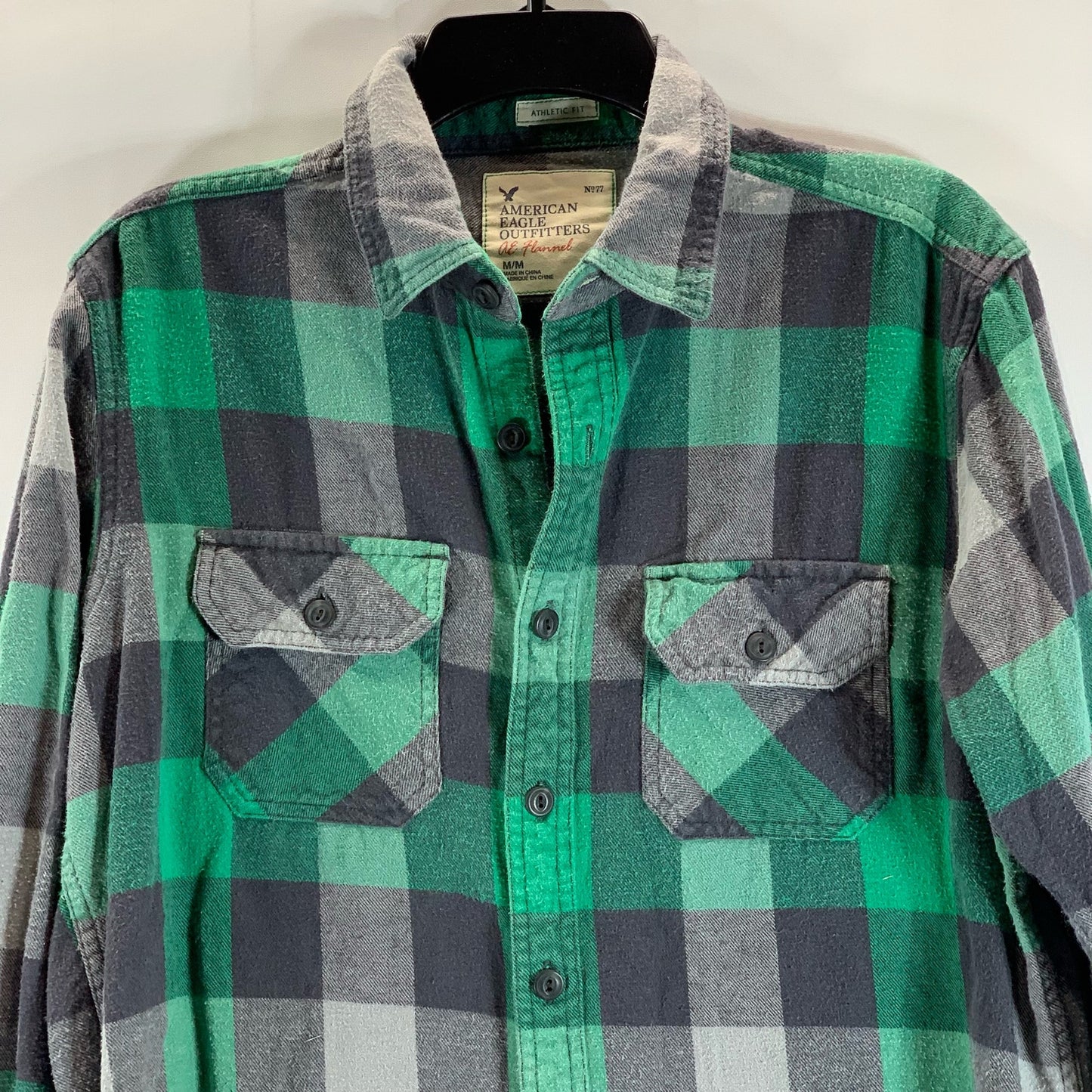 AMERICAN EAGLE Men's Green/Gray Athletic-Fit AE Flannel Button-Up Shirt SZ M