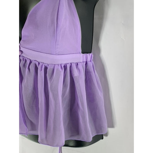 SHEIN Women's Purple Two-Button Sheer Ruffle-Hem V-Neck Spaghetti Strap Top SZ L