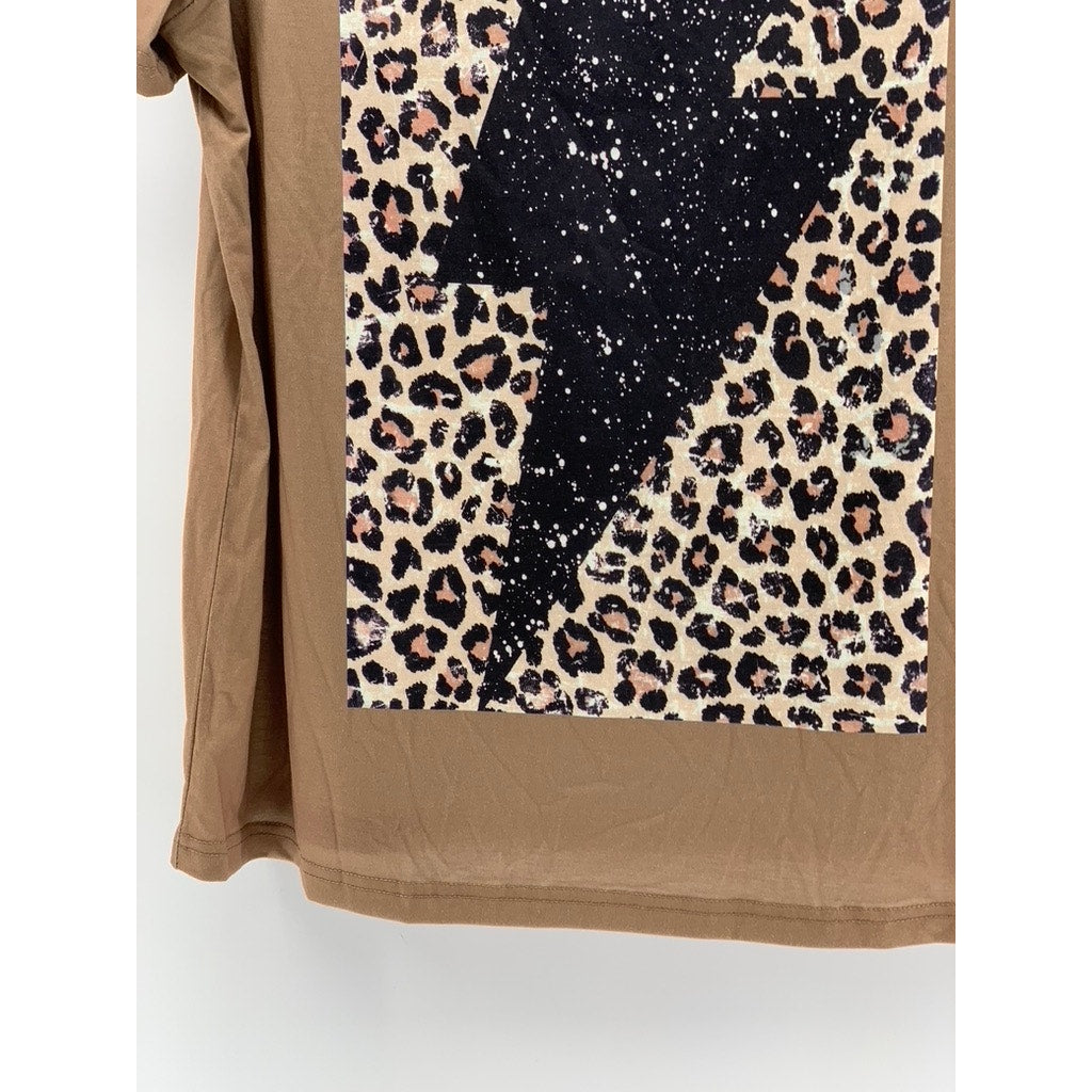 EMERY ROSE Women's Tan Leopard Print Glitter Bolt Top SZ 0XL