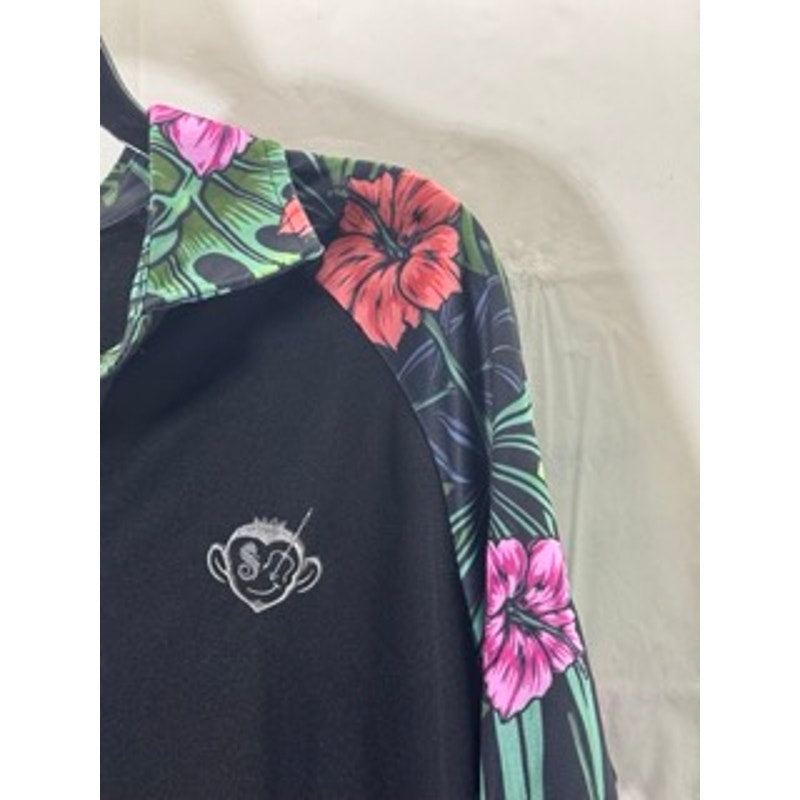 SALTY MONKEY Men's Black Floral Print Short Sleeve Polo Shirt SZ M