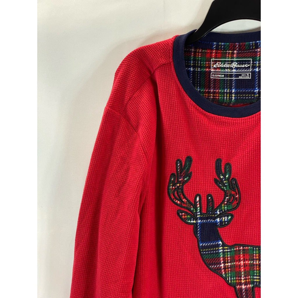 EDDIE BUAER Men's Red/Green Holiday Moose Graphic Waffle Knit Pajama Shirt SZ XL