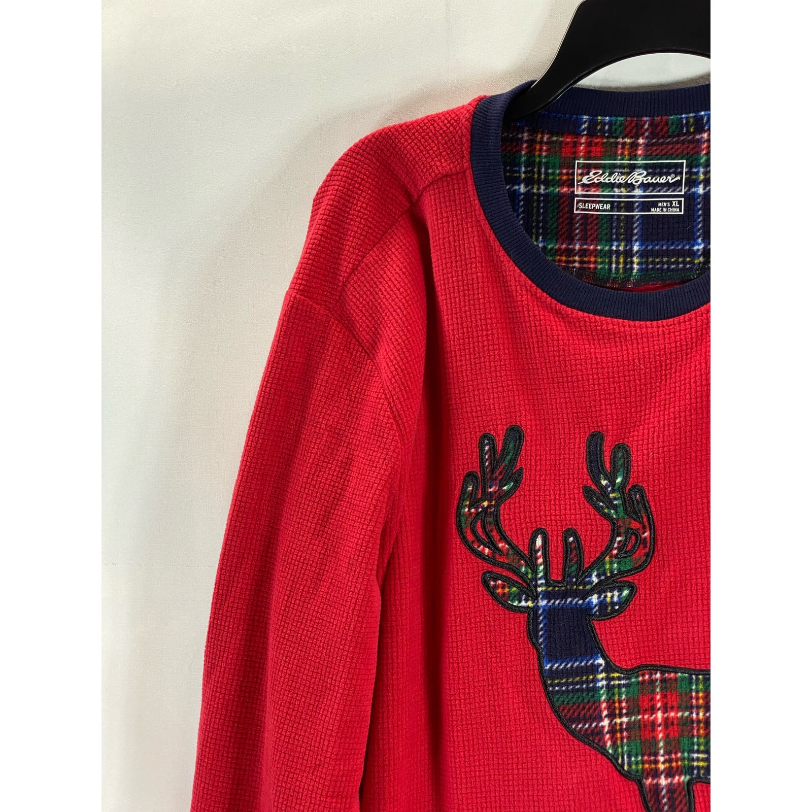 EDDIE BUAER Men's Red/Green Holiday Moose Graphic Waffle Knit Pajama Shirt SZ XL
