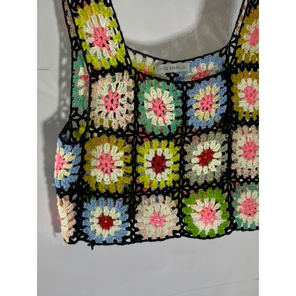 MISS SPARKLING Women's Black-Multi Crochet Floral Straight-Neck Tank Top SZ S