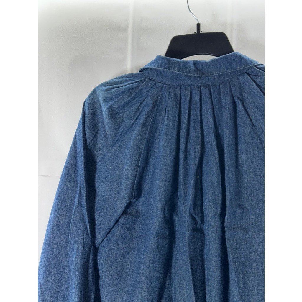 CALVIN KLEIN Women's Blue Denim Long Sleeve Polo-Collar Blouse SZ 3(S)