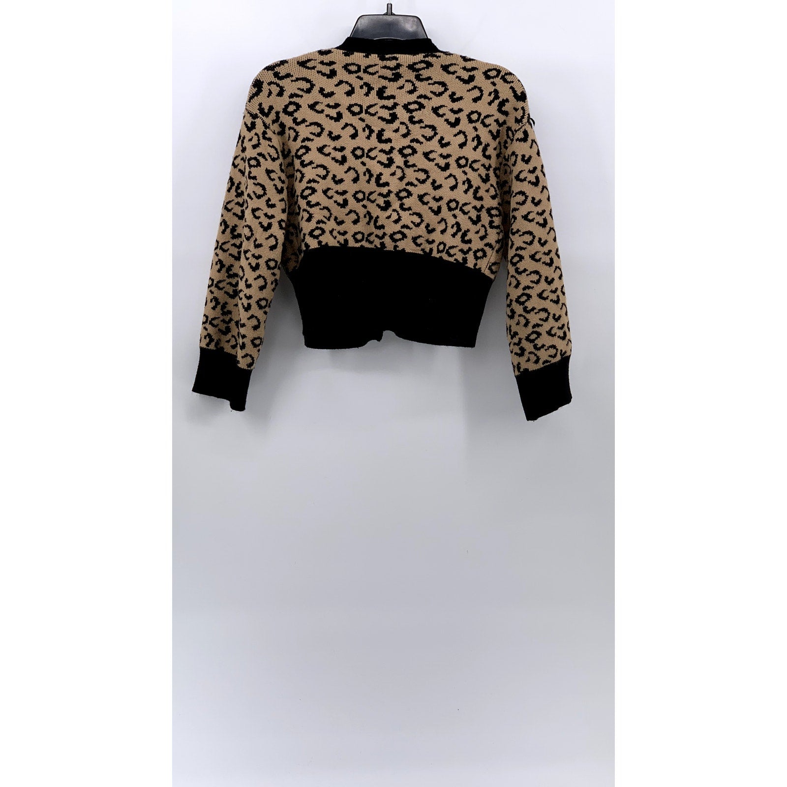 UNBRANDED Women's Black-Brown Leopard Cropped Knit Long Sleeve Cardigan SZ S
