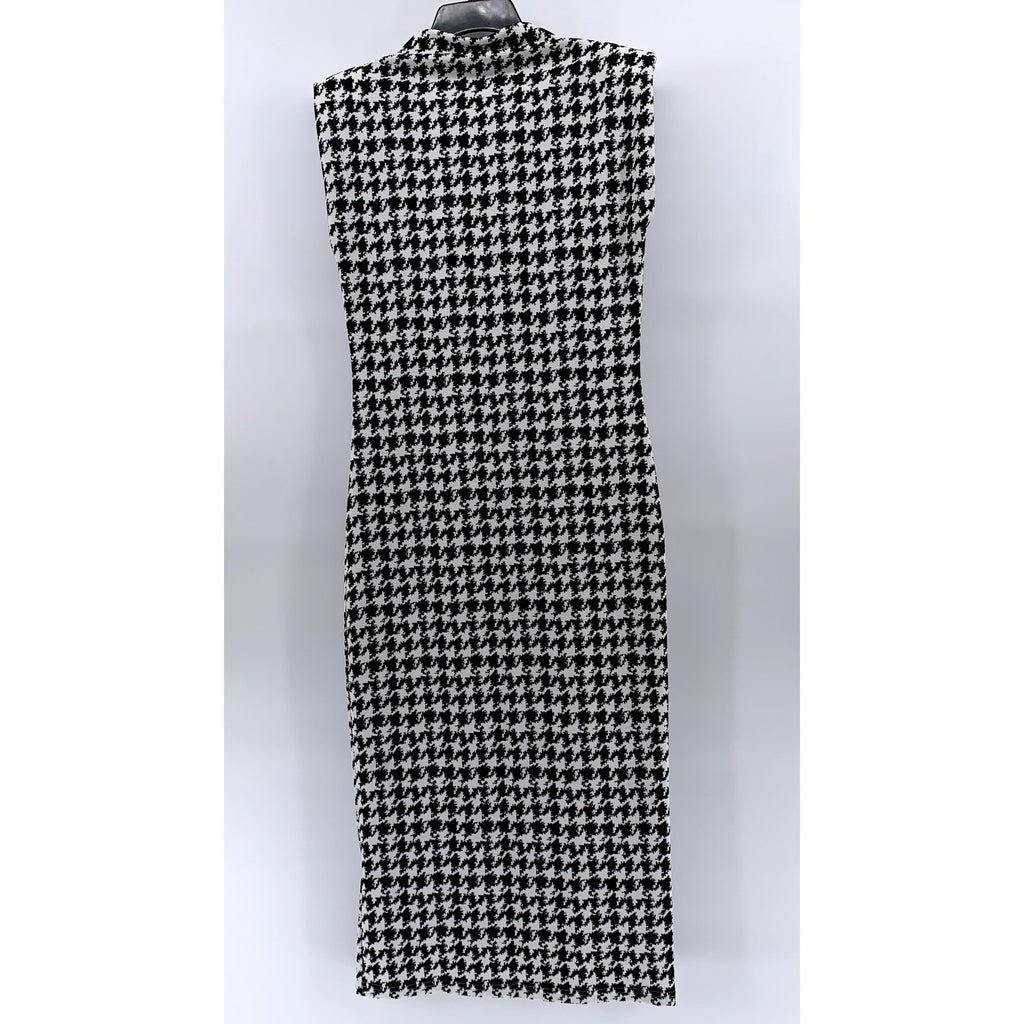 SHEIN Women's Black-White Houndstooth Print Mock-Neck Bodycon Midi Dress SZ 8/10