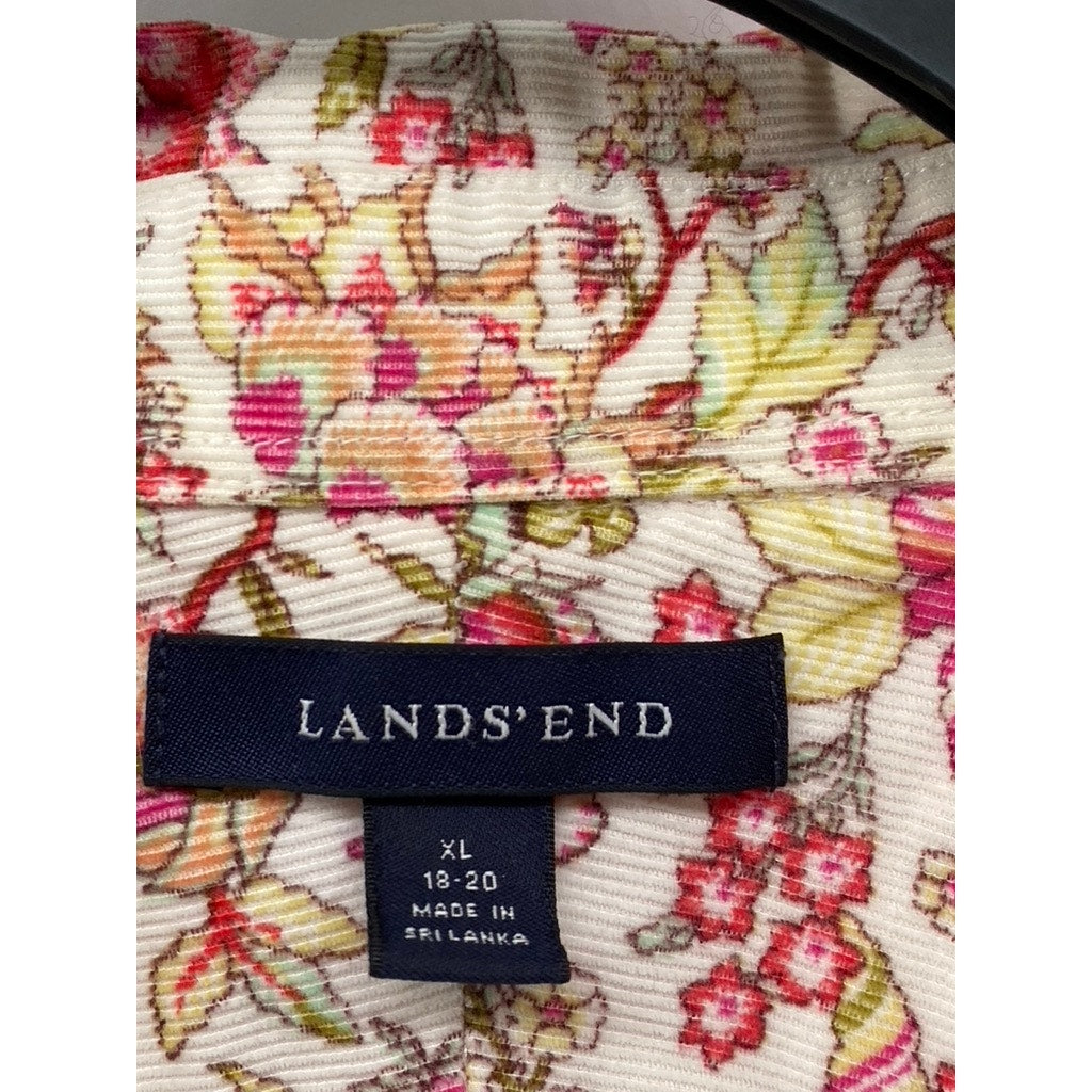 LANDS' END Women's White-Red Floral Corduroy Regular-Fit Button-Up Top SZ M