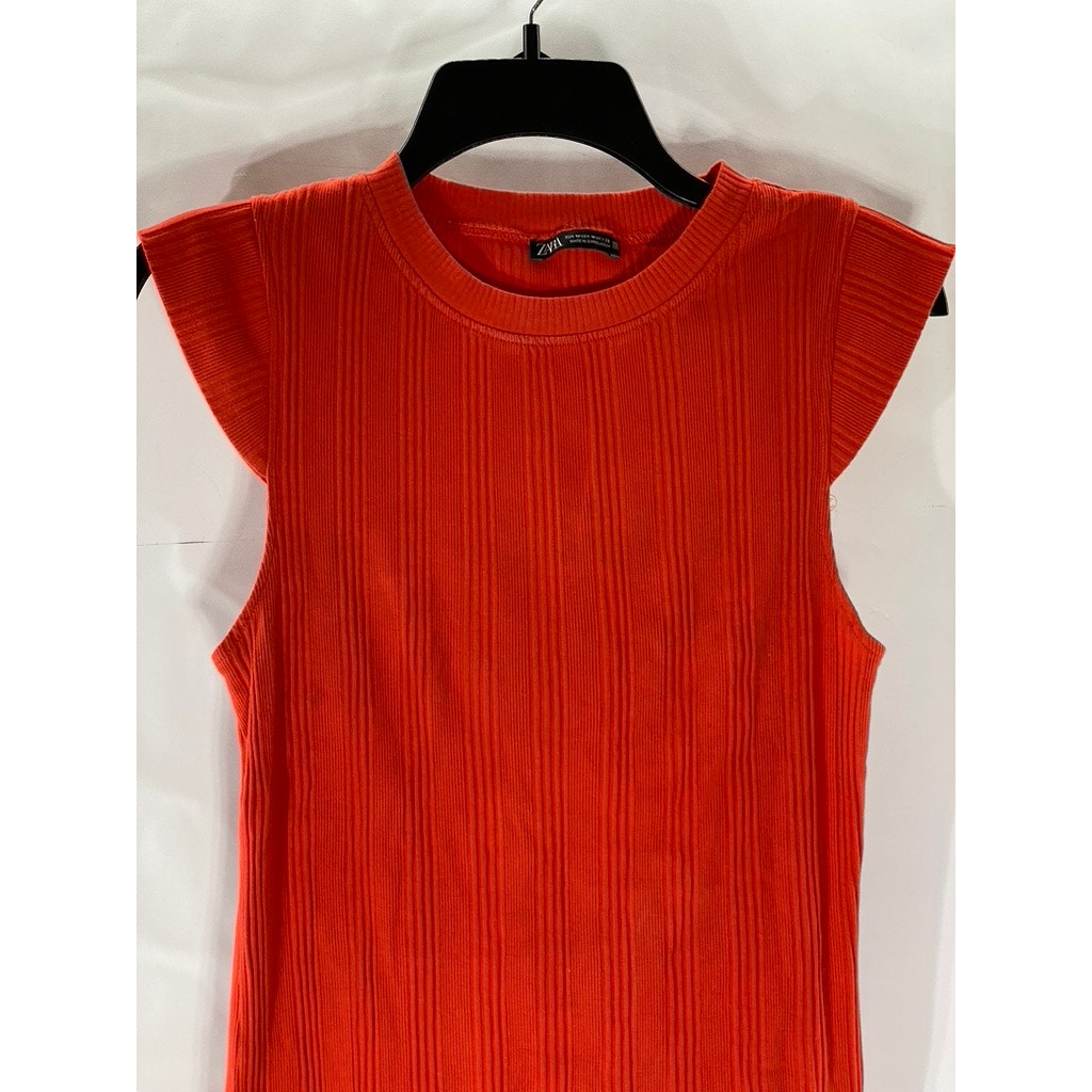 ZARA Women's Orange Rib Knit Crewneck Cap Short Sleeve Mini A-Line Dress SZ M
