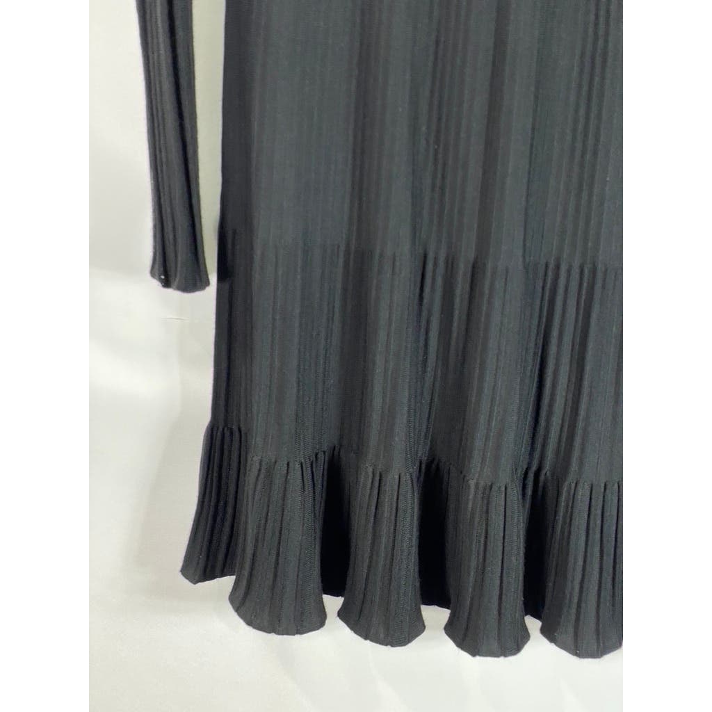 REISS Women's Clemmy Black Pleated Long Sleeve A-line Illusion Dress SZ L