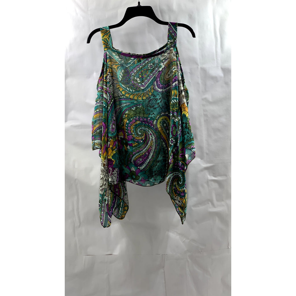 MANDEE Women's Green Sheer Printed Straight-Neck Cutout Shoulder Top SZ S