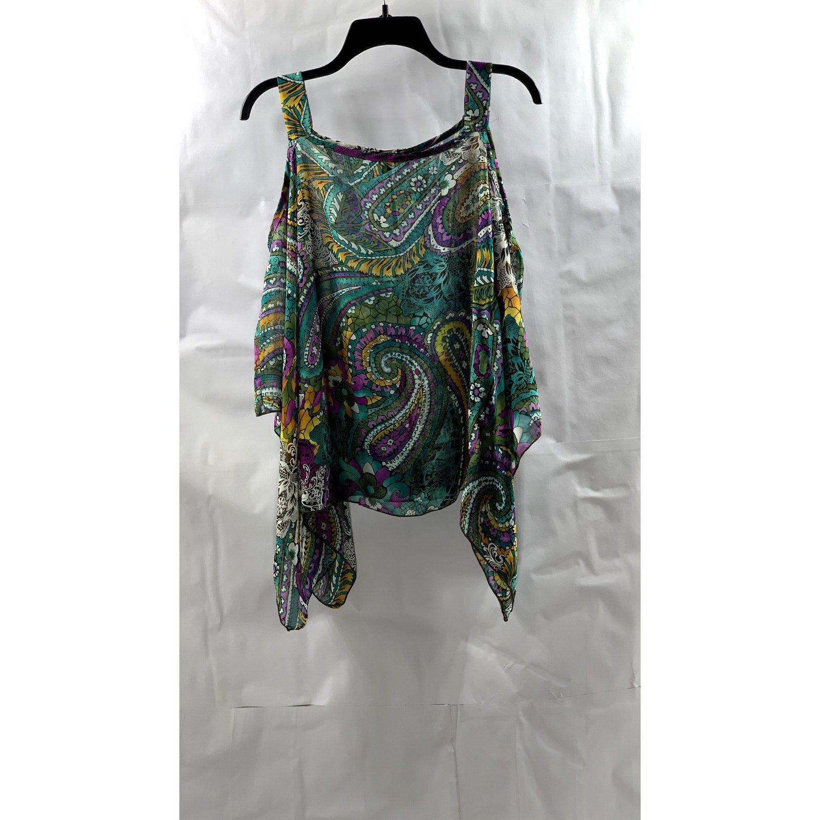 MANDEE Women's Green Sheer Printed Straight-Neck Cutout Shoulder Top SZ S