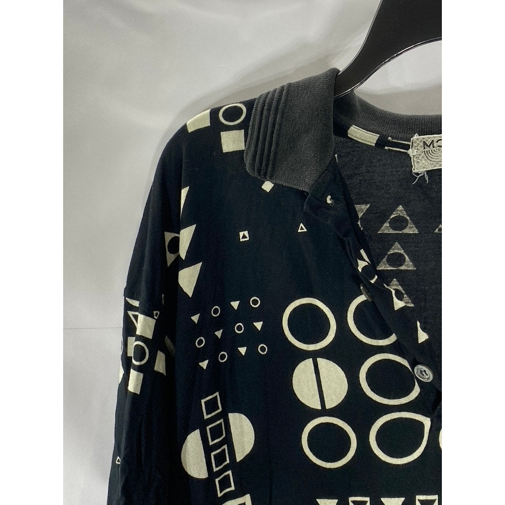 MONDO DI MARCO Men's Vintage Tall Black Geo-Print Short Sleeve Polo Shirt SZ L/T