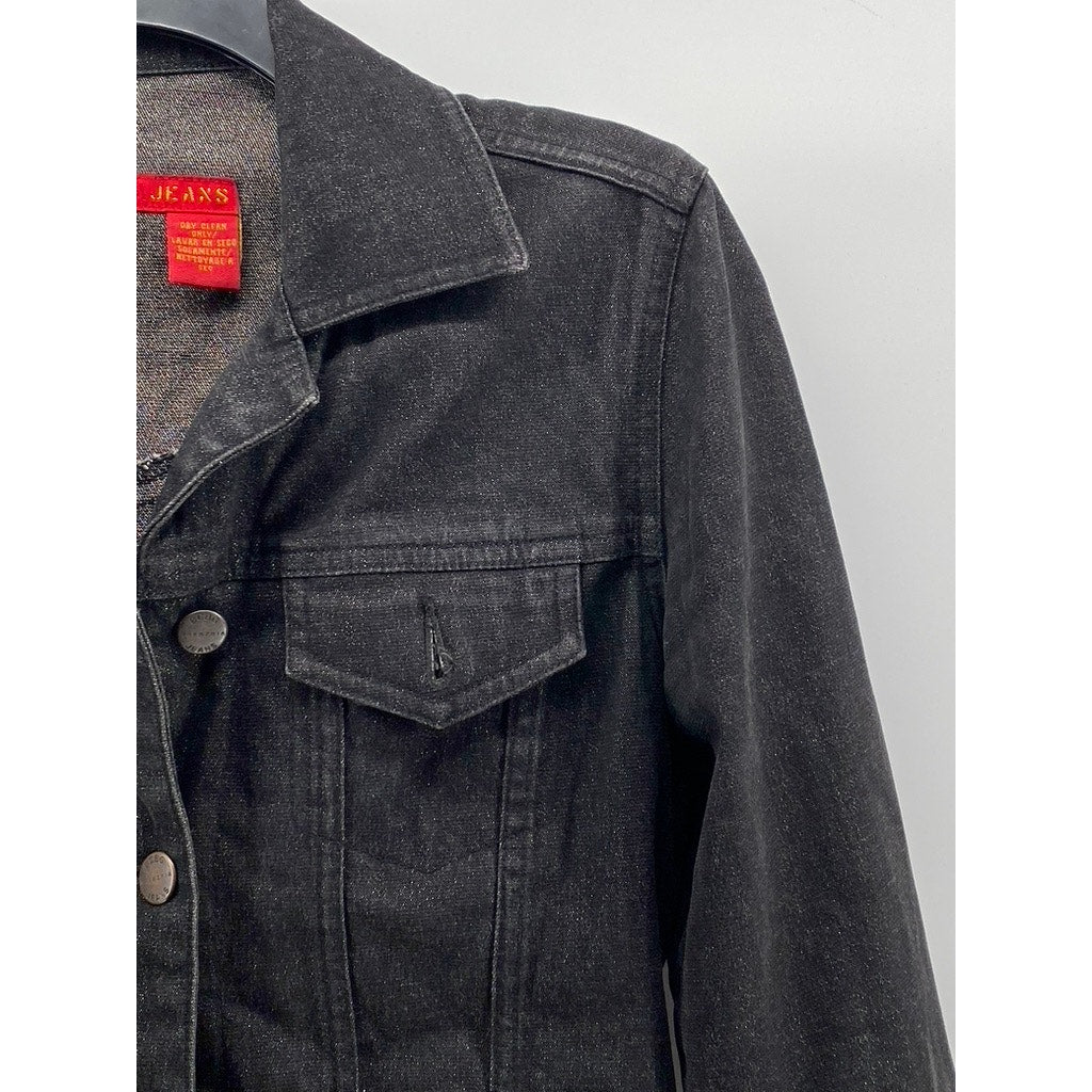 BCBG JEANS Women's Vintage Black Denim Shimmer Button-Up Regular-Fit Jacket SZXS