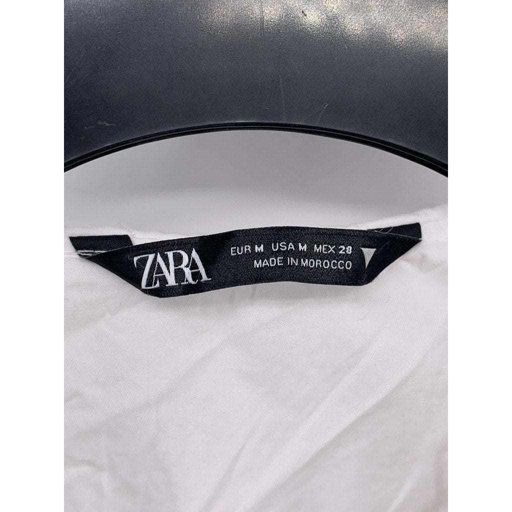 ZARA Women's White Embroidered Button-Up Long Sleeve Crop Top SZ M