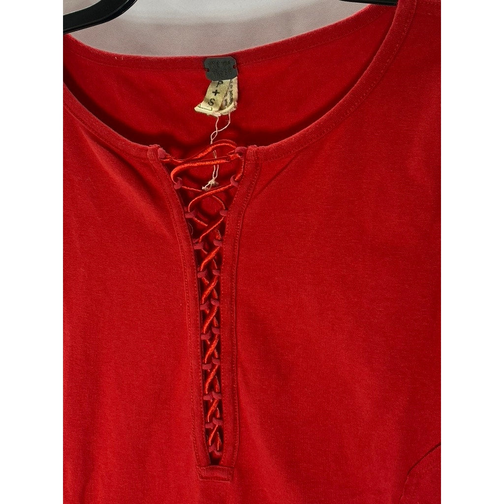 WE THE FREE Women's Red Jacqui Lace-Up Long Sleeve Round-Hem Top SZ S