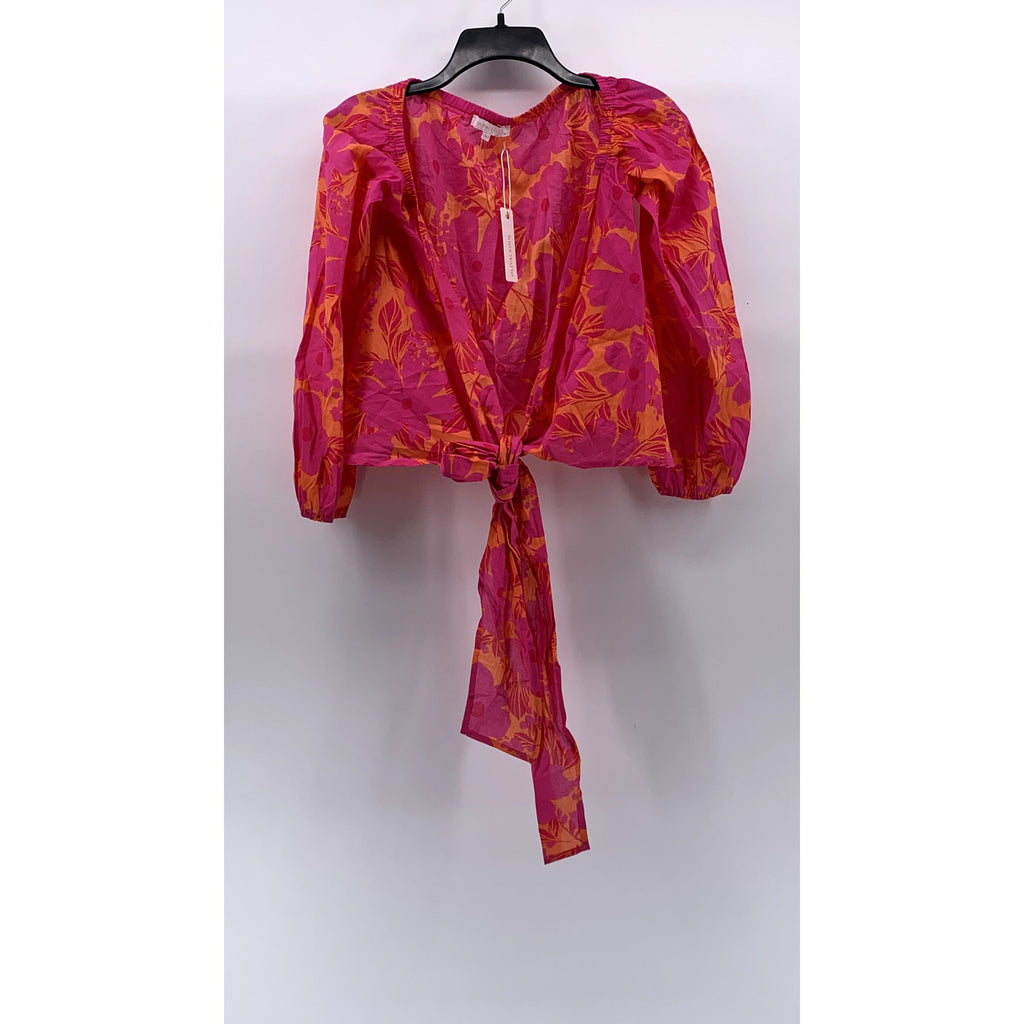 OLIVACEOUS Women's Orange-Pink Floral Puff Long Sleeve Tie-Front Top SZ S