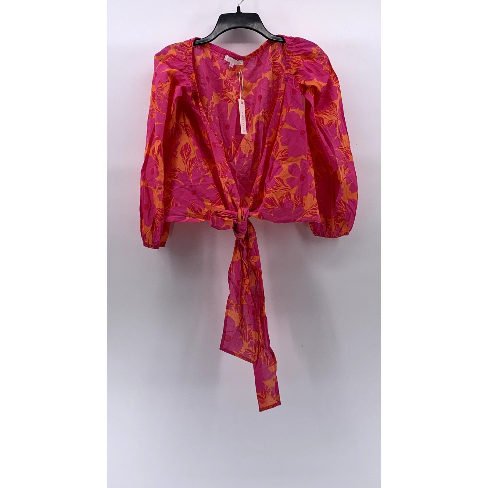 OLIVACEOUS Women's Orange-Pink Floral Puff Long Sleeve Tie-Front Top SZ S