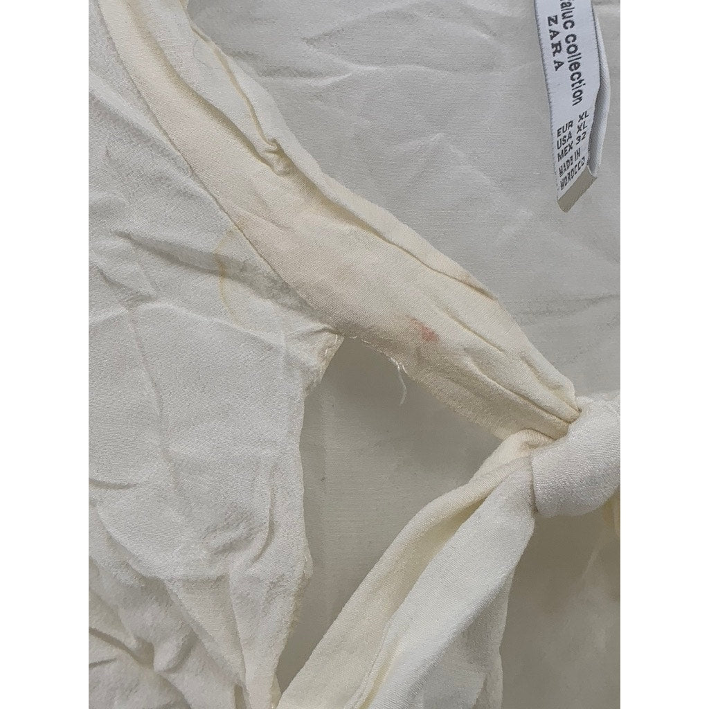 ZARA TRAFALUC COLLECTION Women's Off-White Tie-Neck Long Ruffle Sleeve Top SZ XL