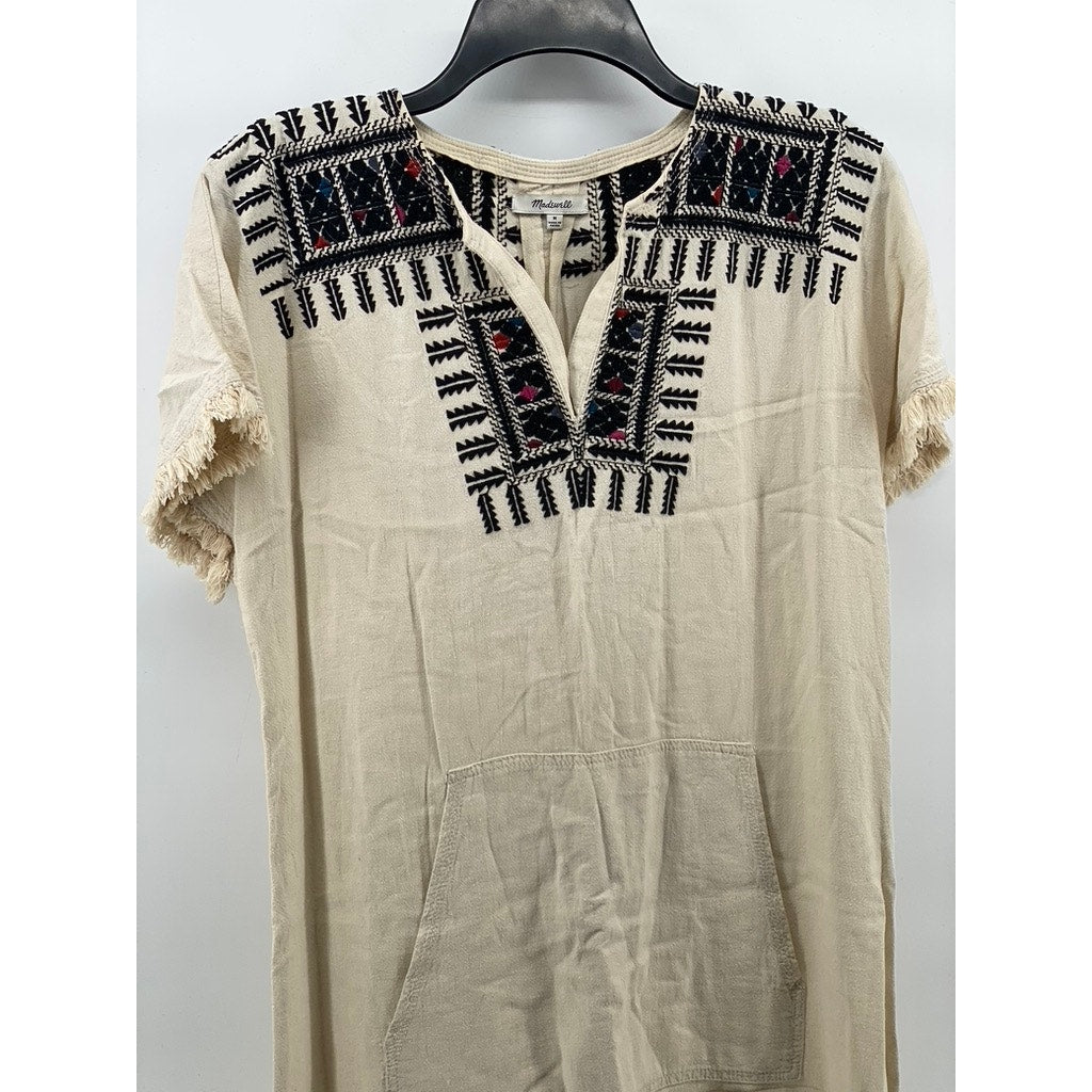 MADEWELL Women's Beige-Black Embroidered Paradise Raw Short Sleeve Dress SZ M