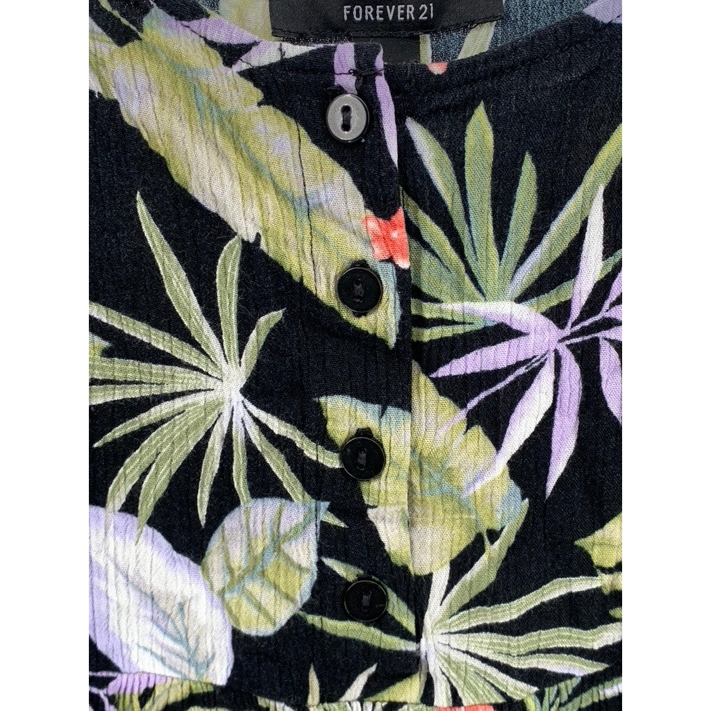 FOREVER 21 Women's Black-Floral Button A-Line Mini Dress SZ M
